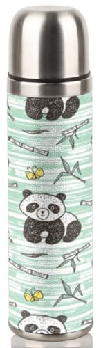 Panda Butterfly, Bambus-isolierte Wasserflasche, 500 ml, Edelstahl, Metall, isoliert, auslaufsicher, Vakuum-Sport-Trinkflasche für Fitnessstudio, Camping, Wandern, Reisen, BPA-frei