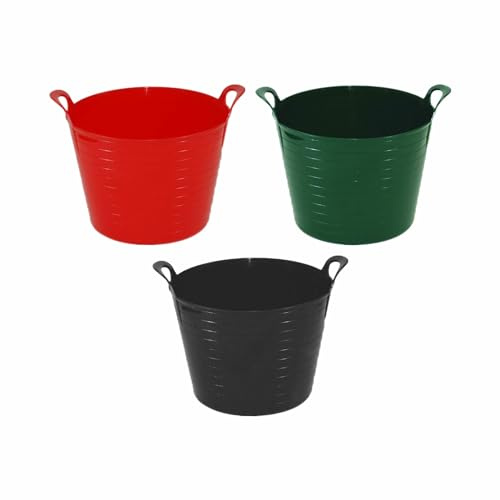 JMS we create smile - SET OF 3 | 20/26l Litre Rubber Flexi Strong Bucket Medium Planter Washing Basket Rubber Flexi Strong Tub For Home Garden MADE IN U.K. (Red, Dark Green & Black)