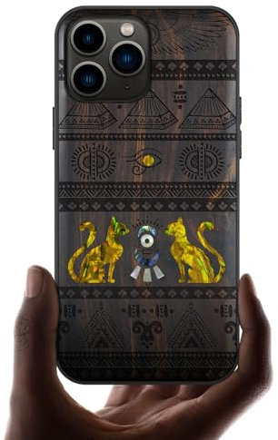 Carveit Étui pour iPhone 11 Pro Coque [Gravure en Bois et Incrustation de Coquille] Cover Compatible avec Apple 11 Pro Luxe et Case Etui Bois (Bois Sombre-Les Symboles de l'Égypte)