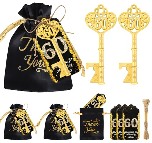 Qonmpcvu 50pcs Gold Key Bottle Openers, 60th Birthday Party Favors & Anniversary Souvenirs, 50 Thank You Cards & Rope, Unique Wedding Souvenirs & Thank You Gifts for Guests