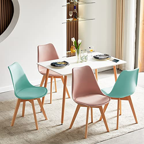 LafeuR Essgruppen Esstisch mit 4 Stühlen, 4er Set Esszimmerstühle und Rechteckig Küchentisch Esszimmergruppe Sitzgruppe für Wohnzimmer Küche Büro(Weiß Tisch + 2 Mintgrün&2 Rauchrosa Stuhl)