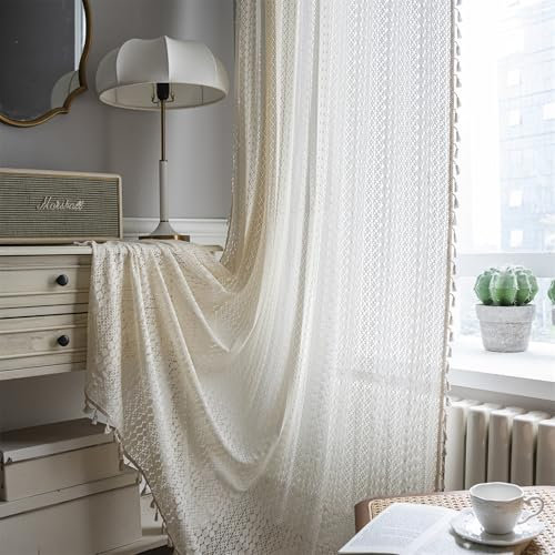 Freyamy Landhausstil Bestickte Gardinen Transluzente Beige Vorhänge mit Stangedurchzug,Outdoor Baumwolle Quasten Stangentaschenvorhang Blickdicht Verdunklungsvorhänge Vorhang 2x260x140cm (HxB)