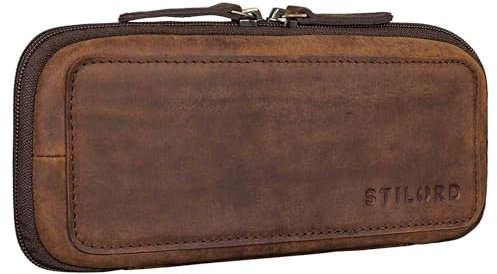 STILORD 'Scotty' Leder Etui Vintage mit Reißverschluss Hardcase Große Federmappe Herren Federmäppchen Damen Stifte-mappe Office Pencil Case Retro Federschachtel Echtleder, Farbe:Zamora - braun