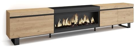 Skraut Home | Mueble TV | Televisión | Muebles de salón, almacenaje | 288x57x35 cm | para TV Gran Formato | Chimenea eléctrica XXL | Diseño Industrial | Estilo Moderno | Roble y Negro