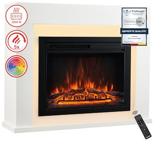 KAMINIO Camino elettrico Matti - Caminetto da pavimento con riscaldamento, effetto fiamma 3D, luce ambiente a LED, telecomando - 38 pollici (Bianco)