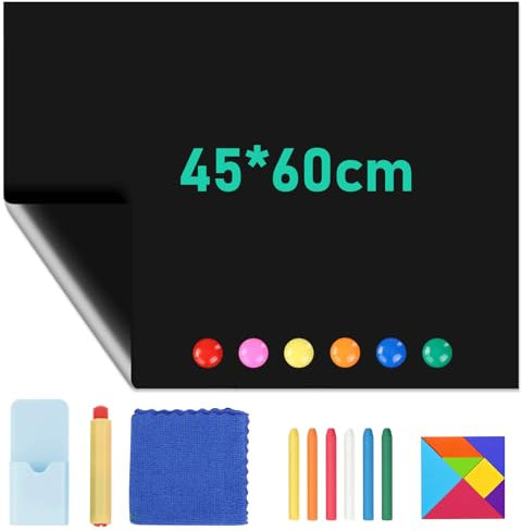 Tafelfolie Magnetisch Selbstklebend, 45x60cm Tafelfolie Selbstklebend, mit Kreide, Lappen, Magnetknöpfen, Puzzlen, Abwischbar Kreidefolie für Haus Büro Schule （Schwarz ）