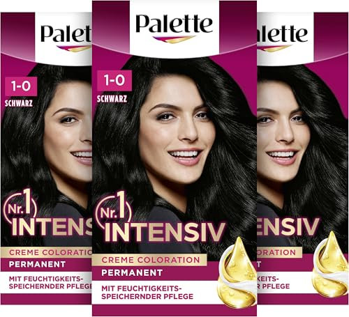 Palette Intensiv Creme Coloration 1-0/900 Schwarz (3 x 115 ml), permanente Haarfarbe für leuchtende, langanhaltende Farbbrillanz & 100% Grauabdeckung