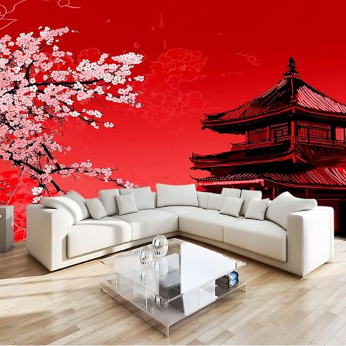 Carta Da Parati Soggiorno 3D Stile Giapponese Tempio Fiori Di Ciliegio 200 x 140 cm Fotomurale Stampa HD Moderna, per Camera Letto TV Decorazione di sfondo Fotomurali in Murale alla moda da Muro