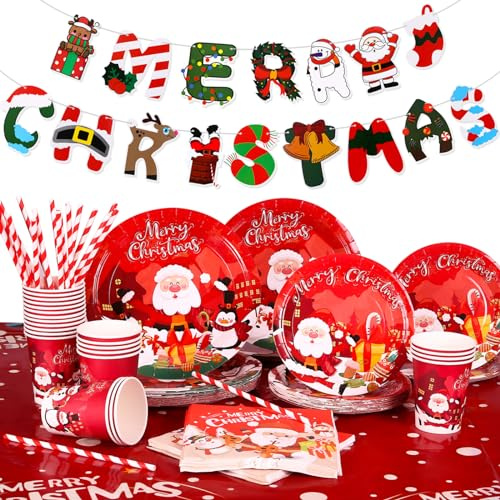 GWHOLE Stoviglie per Feste di Natale 122 pz Set Stoviglie Usa e Getta per Feste Natalizie Set Vassoio di Carta Natalizia Piatti Tovaglioli Tazze Cannucce e Tovaglie per Natale