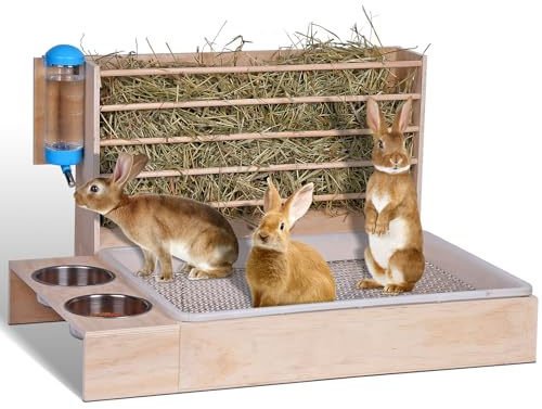 MOGOULUA 4-i-1 stor kanin hömatare med kattbricka vattenflaska matskålar för husdjur trä höhylla matare för små husdjur kanin hamster marsvin