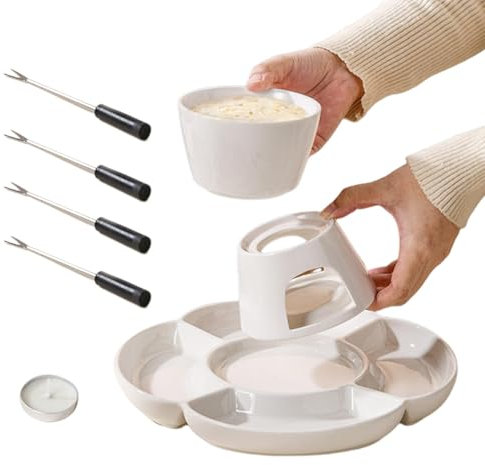 Set per fonduta di Cioccolato, Set per fonduta di Formaggio,Kit pentola in Ceramica per sciogliere Il Cioccolato con forchetta e Vassoio - Set per fonduta interattivo con Riscaldamento a Candela, per