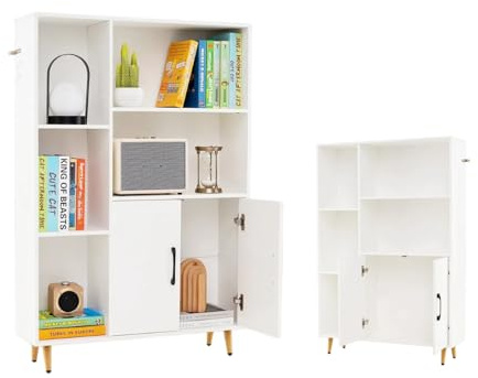 KOMFOTTEU Bücherschrank Holz, Mehrzweckschrank mit 1 Doppeltürschrank & 4 offene Regale, Aufbewahrungsschrank mit Beinen, Beistellschrank mit Kippschutz, 80 x 23,5 x 119 cm (Weiß)