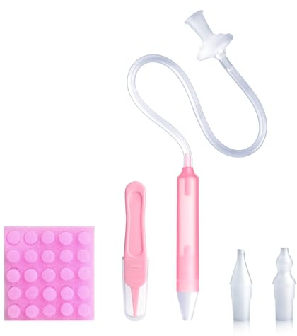 Baby Nasal Aspirator Nasal Congestion Relief with 25 Hygiene Filters 2 Silicone Tips with Nose Cleaning Tweezer, Pink