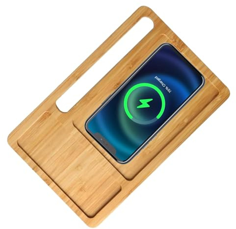 Husoiuy Station de Charge sans Fil en Bambou avec Organiseur de Bureau | Plateau d'accueil pour Chargeur sans Fil de téléphone en Bois - Plateau à Utiliser pour Le Bureau, la Maison, la Table de Nuit