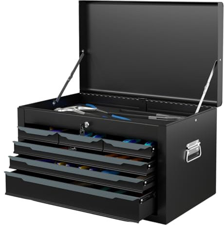 HOMFME 6 Drawer Tool Storage Cabinet, Heavy-Duty Metal Tool Chest with Automatic Lock System, 2 Keys, Top Storage Tray, Ball Bearing Runners, EVA Mats, Portable Tool Box for Warehouse Garage (Black)