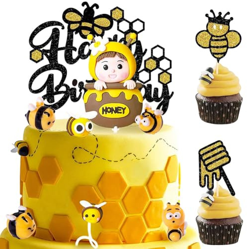 MEZHEN Decoración para Tartas Abeja Cumpleaños Decoración de Pastel Bee Toppers para Tartas Happy Birthday Adorno para Tarta Animale Cupcake Topper 20 Piezas