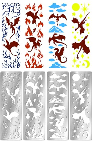 UNICRAFTALE 4 Stück Magischer Drache Metallschablone Edelstahlschablone Zum Journaling Malen Wiederverwendbare Vorlage Für Lesezeichen Zeichnen Scrapbooking Brennen Auf Holz Papier Stoff