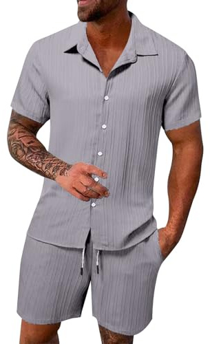 Männer Trainingsanzug Set 2-teilige Anzughose Polo Shirt Knopf Kurzarm Strand Joggers Gym Top Casual Laufen Sport Sweat Activewear Herren