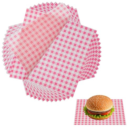sourcing map 200 Pcs Wax Paper Sheets for Food, 7 x 7 Inch Greaseproof Wrapping Paper Sheets, Checkered Square Food Basket Liners for Sandwich Hamburger Bread, Pink