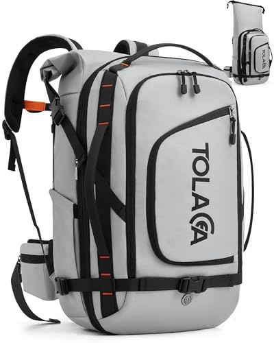 Tolaccea Reseryggsäck, Stor Handbagageryggsäck, TSA-vänlig Rolltop Laptopryggsäck för 17,3 tum, Expanderbar 40 L till 55 L, Reseryggsäck för Dam och Män Resa Vandring Camping (Ljusgrå)