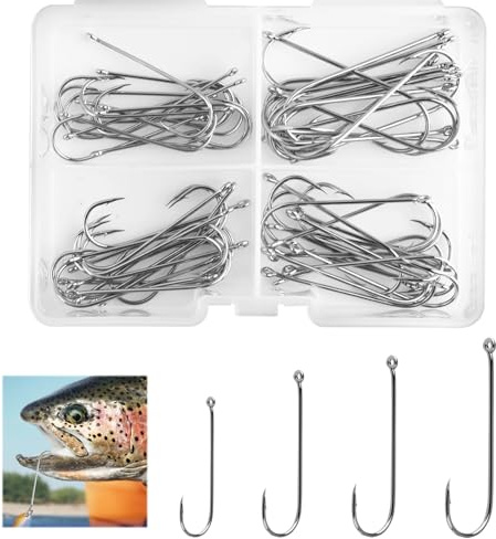 60Pcs Aberdeen Sea Fishing Hook, Large Barbed Fishing Tackle High Carbon Steel Long Shank Wide Gape Light Wire Closed Eye Hooks for Freshwater Saltwater Shore Boat Trout Bass Size 1# 1/0 2/0 3/0