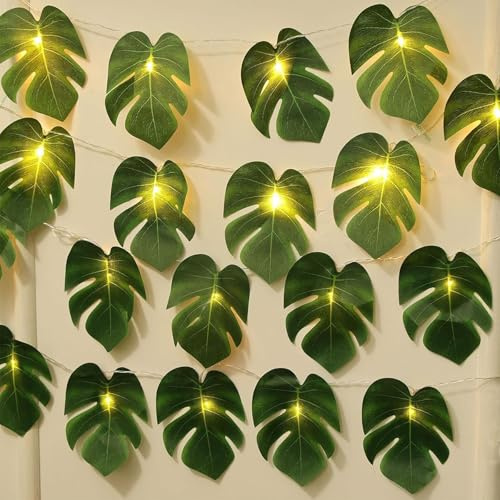 Lichterkette Palmenblätter,3M 20 LED Blätter Lichterkette Batteriebetrieben,Monstera Leaf lichterkette,Tropische Künstliche Rattan Palmenblätter,für Hawaii Party,Sommerpartys,Strand Deko