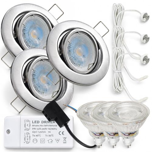 LED Einbaustrahler Set 12V schwenkbar – 3er Set mit je 120 cm Kabel & AMP-Stecksystem – 3W MR16 Spot inkl. Trafo, IP20, 250 Lumen, 55 mm Einbautiefe – LED Deckenstrahler für Wohnbereiche, Küche & Flur