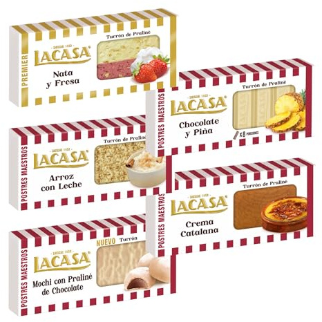 Pack Surtido 5 Turrones Lacasa:Arroz con Leche, Chocolate y Piña, Crema Catalana, Nata y Fresa, Mochi con Praliné de Chocolate