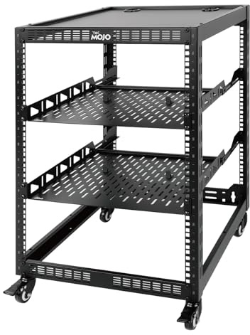 Tecmojo Rack de red de 19 16HE Open Frame de 19 para servidores y equipos audiovisuales, montaje en pared o en pared, armario de red de 4 postes con ruedas, con 2 estantes de 1U y material de