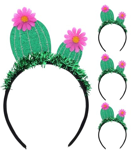 OSOLADY 4er-Set Kaktus-Haarreifen: Grüner Glitzer-Kaktus-Haarreif mit Blume und Lametta – Hawaii-Party-Haarschmuck – Tropisches Kostüm-Haaraccessoire für Damen, Mädchen und Herren