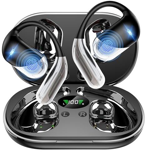 Auriculares Inalámbricos Bluetooth 6.1, Cascos Inalámbricos Open Ear | Gancho Flexible, 80H Batería, Pantalla LED, ENC, IPX7 Impermeable, Traductor en Tiempo Real, Oreja Abierta Running y Oficina