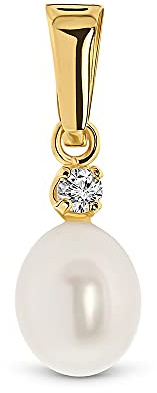 MIORE Kettenanhänger Gold –14K (585)Gelbgold- Perlen Anhänger, Charms Anhänger für Kette, weiße Süßwasser Perle 7mm und Zirkonia Stein, Hypoallergener Perlenschmuck, Schmuck Damen -in edler Schmuckbox