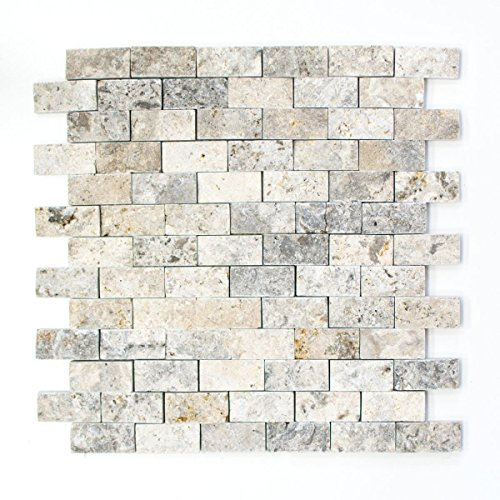 Mosaik Fliese Travertin Naturstein weißgrau Brick Splitface silber Travertin 3D für WAND BAD WC DUSCHE KÜCHE FLIESENSPIEGEL THEKENVERKLEIDUNG BADEWANNENVERKLEIDUNG Mosaikmatte Mosaikplatte