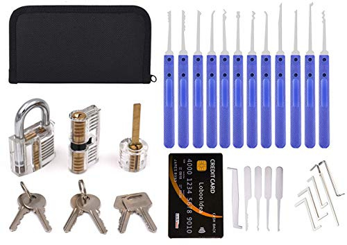 Loboo Idea 17-teiliges Dietrich-Set mit 3 klaren Übungs- und Trainingsschlössern für Lockpicking + Loboo Idea Kreditkarte Lockpicking Tool Kit für Anfänger und Profi-Schlosser (B, Blau)