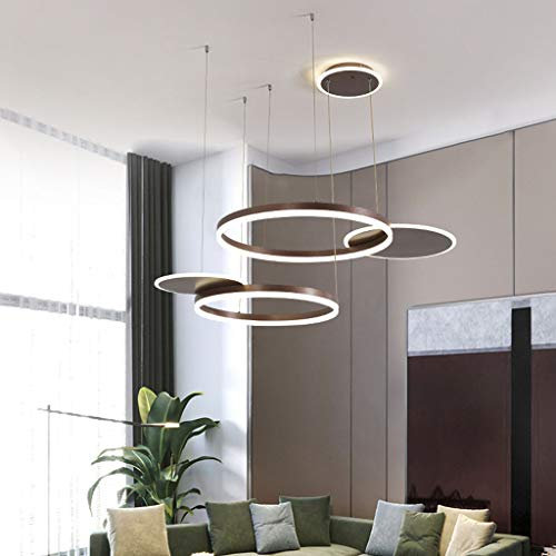 LED Pendelleuchte Dimmbar Mit Fernbedienung Hängelampe Modern Kreativ Pendellampe Ring Rund Aluminium Acryl Kronleuchter Wohnzimmer Schlafzimmer Esszimmer Kinderzimmer Deckenleuchte (Braun,80CM/80W)