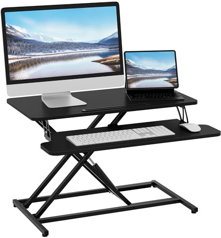 ERGOMAKER Steh-Sitz Schreibtischaufsatz Höhenverstellbar, Stehpult Aufsatz Schreibtisch 80 X 40CM Desktop Erhöhung mit Tastaturablage Für Zwei Monitore,Schwarz