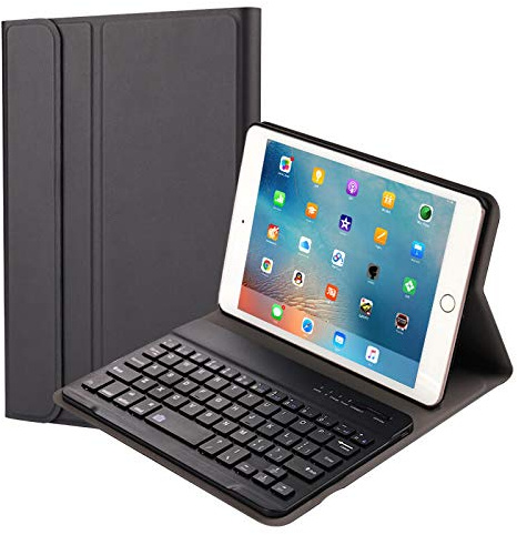 QYiiD Funda con Teclado para iPad Mini 5/ Mini 4, Carcasa Delgada Teclado Estuche Funda con Wireless Teclado Bluetooth para iPad Mini 5 2019(5th Gen)/ iPad Mini 4 2015, Negro