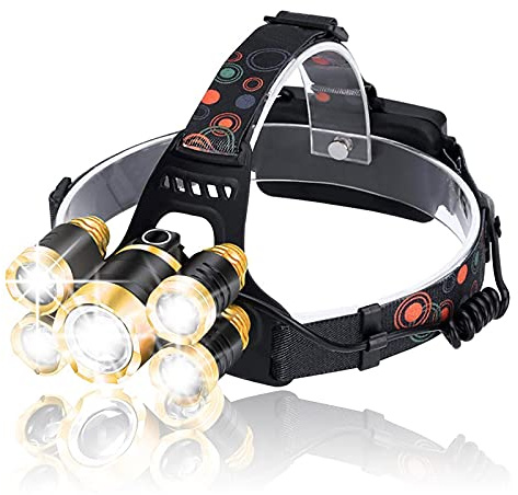 Lampada frontale ricaricabile, faro da 18000 lumen, impermeabile IPX4, torcia regolabile a 90 °, luce frontale perfetta a 5 LED per campeggio, escursionismo, pesca, riparazione auto, caccia