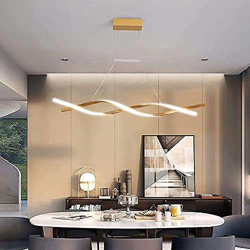 Modern LED Pendelleuchte Dimmbar Küchenlampe Hängend Lampe Esstisch Esszimmerlampe Hängelampe Wohnzimmer Tisch Höhenverstellbar Hängeleuchte mit Fernbedienung für Büro Bar Leuchten (Gold, L100cm)