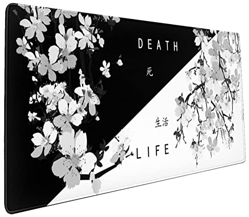 Sweetshow Sakura-Mauspad mit „Death“-, „Life- und Kirschblütenmuster, verlängertes großes Mauspad, rutschfeste Gummiunterseite, genähten Kanten, wasserdicht, Gaming, Heimbüro, 90 x 40 cm, XXL