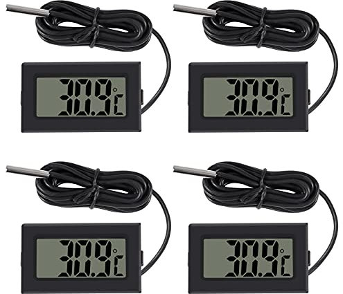 AOICRIE 4pcs Digital LCD Thermometer Temperature Monitor with 1M External Probe for Fridge Freezer Refrigerator Aquarium Black