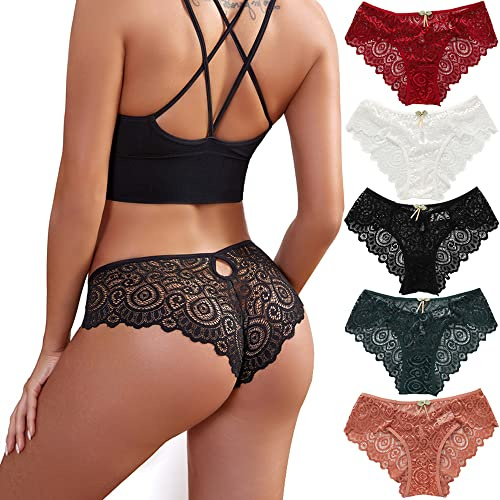 Zueauns Culotte Hipster Cheeky en Dentelle Femme Sexy sans Couture Slips Invisible sous-vêtements Respirant Lingerie Shorties Doux Bikini Lot de 5