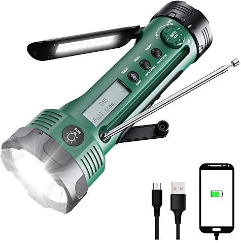 Kurbelradio DAB+/DAB/UKW, Radio mit Bluetooth, Baustellenradio Notfallradio mit Kurbe mit 3000 mAh Akku, Solar Radio mit Weltempfänger, Blackout Notfallausrüstung, Als Taschenlampe & Ladegerät