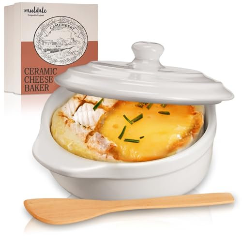 Muldale Camembert - Teglia da forno con coperchio, in ceramica, 14 cm, con spalmatore e scatola, colore: bianco