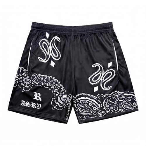 DIOTSR Herren Mesh Paisley Shorts - Casual Retro Graphic Basketball Shorts - Medium (M), Schwarz