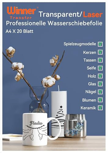 WinnerTransfer Professionelle Laser Wasserschiebefolie(TRANSPARENT) für Laserdrucker,A4X20 Blatt, Kerzenfolie,Transferfolie,Bedruckbares Aufklebepapier für Spielzeugmodelle,Tassen,Keramik,Glass (8-20)