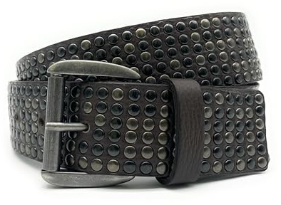 PASSIONE Herren-Gürtel mit Nieten - 4 cm hoch - Echtes Leder - Nieten in der Farbe Gewehrlauf - Hergestellt in Italien (Dunkelbraun, Taillenumfang 110cm-Gesamtmessung 125cm)