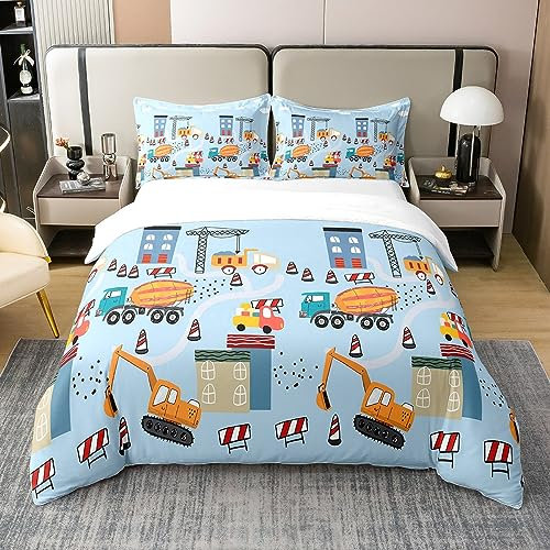 Loussiesd Bagger Baumwolle Bettwäsche Set 220x240cm BAU Fahrzeuge Betten Set für Kinder Cartoon Auto Betten Set Mädchen Jungen Jugendliche Weich Equipment Trucks Dekor Bettwäsche Set