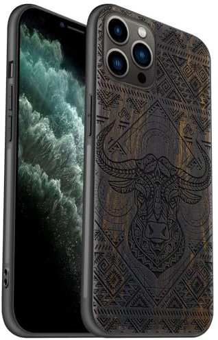 Carveit Coque en Bois pour iPhone 11 Pro Étui Protection Artistique Cover TPU Souple de téléphone Antichoc Compatible avec Apple 11 Pro Etui (Bois Sombre-Le bovin sacré)
