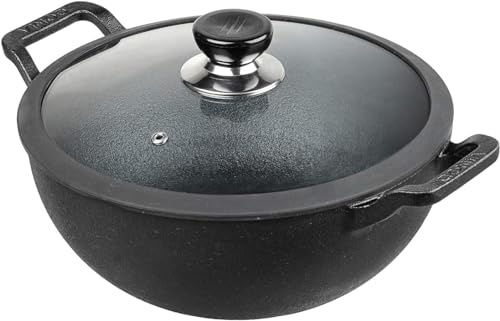 Nobel Non Stick Pre Seasoned Cast Iron Kadai with Glass Lid Naturally Wok for Cooking 100% Pure Toxin Free Safety Sleeve, Rust Proof (Diameter 22 cm)